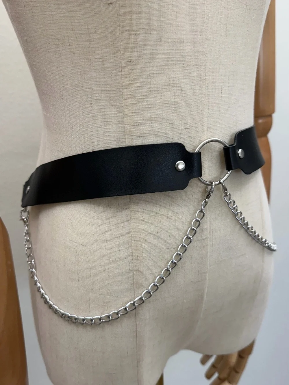 Black Faux Leather Chain Waist Belt Adjustable Removable Chain Goth Punk